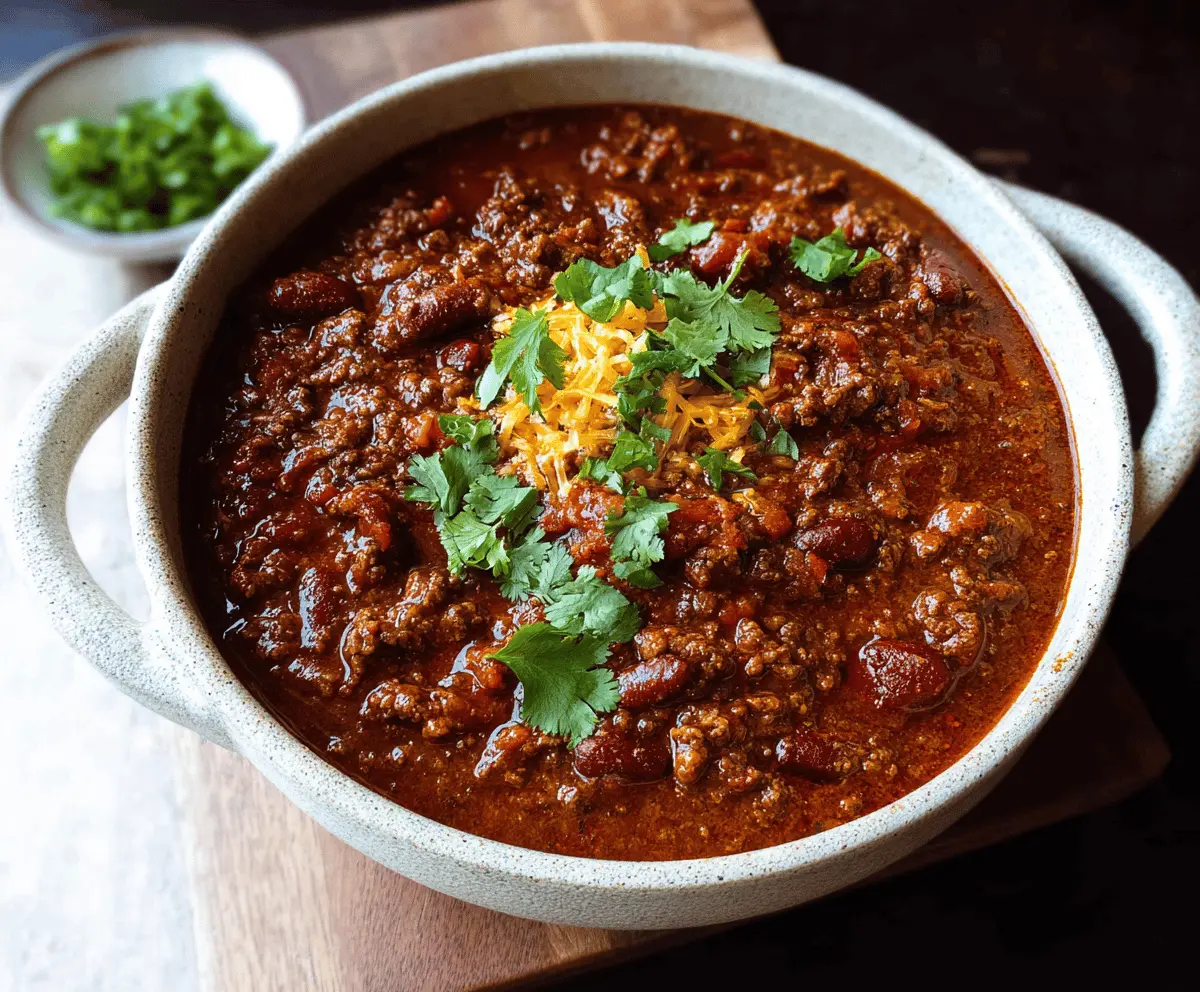 Hearty Dutch Oven Chili in a rustic pot with beans, ground beef, and spices, ready to serve