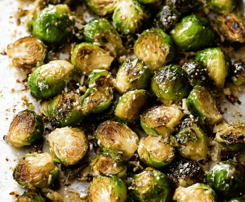 Golden roasted Brussels sprouts tossed in garlic butter, garnished with fresh herbs, perfect for a flavorful vegetable side dish.