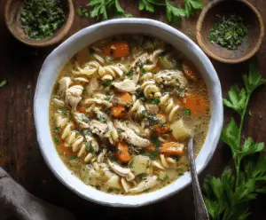 A steaming bowl of garlic herb chicken noodle soup garnished with fresh herbs and served with crusty bread on the side.