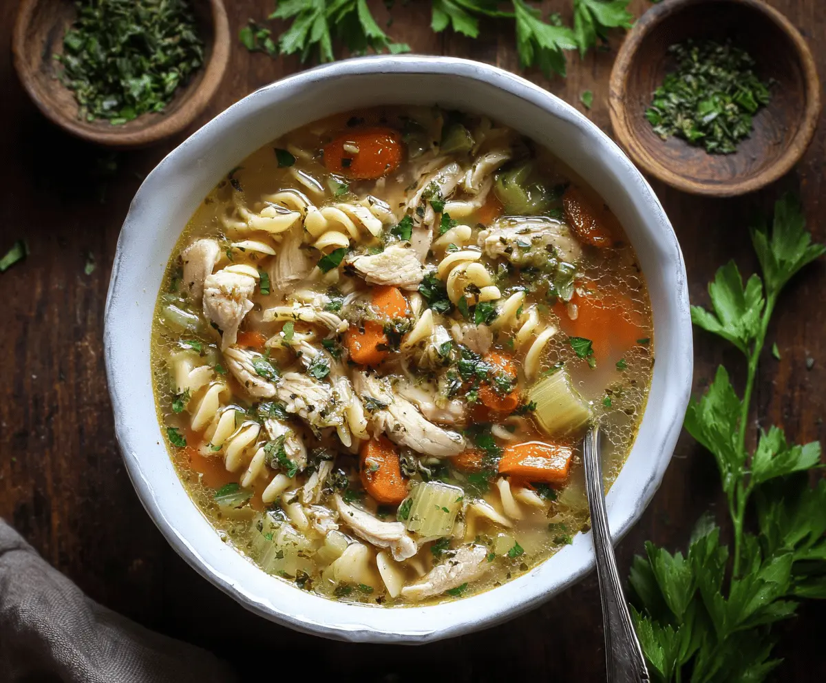 A steaming bowl of garlic herb chicken noodle soup garnished with fresh herbs and served with crusty bread on the side.