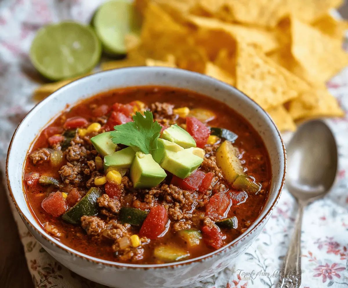A delicious bowl of gluten-free taco soup topped with shredded cheese, fresh cilantro, and lime wedges, served in a white bowl with tortilla chips on the side.
