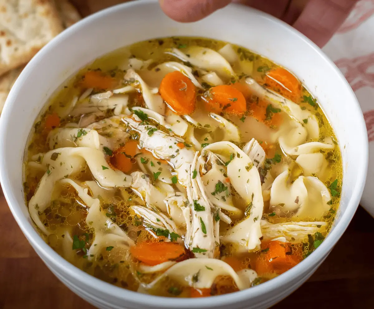 A steaming bowl of homemade Grandma’s Chicken Noodle Soup garnished with fresh herbs, showcasing tender chicken, soft noodles, and colorful vegetables.