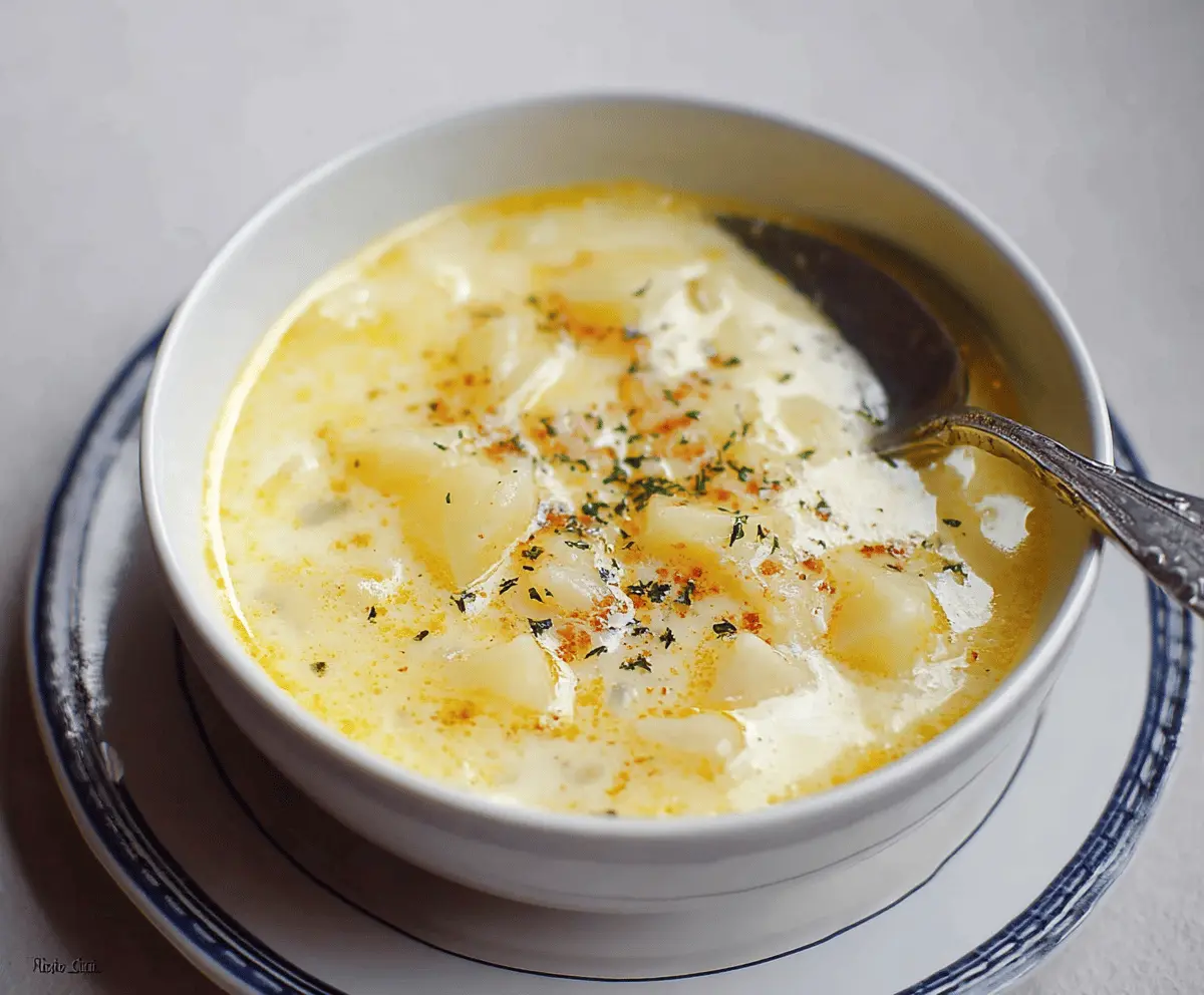 A warm bowl of Grandma's Potato Soup topped with fresh herbs, served with crusty bread on a rustic wooden table.
