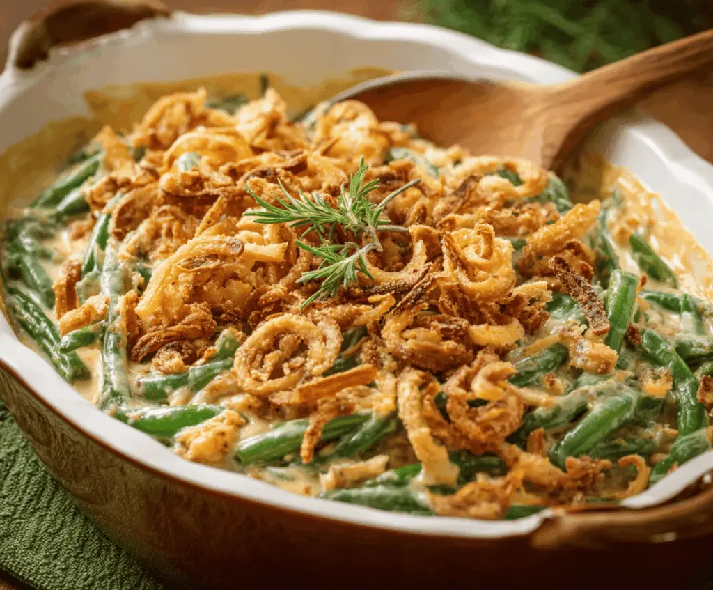 Delicious homemade green bean casserole topped with crispy fried onions, served in a white baking dish for a classic holiday side dish.