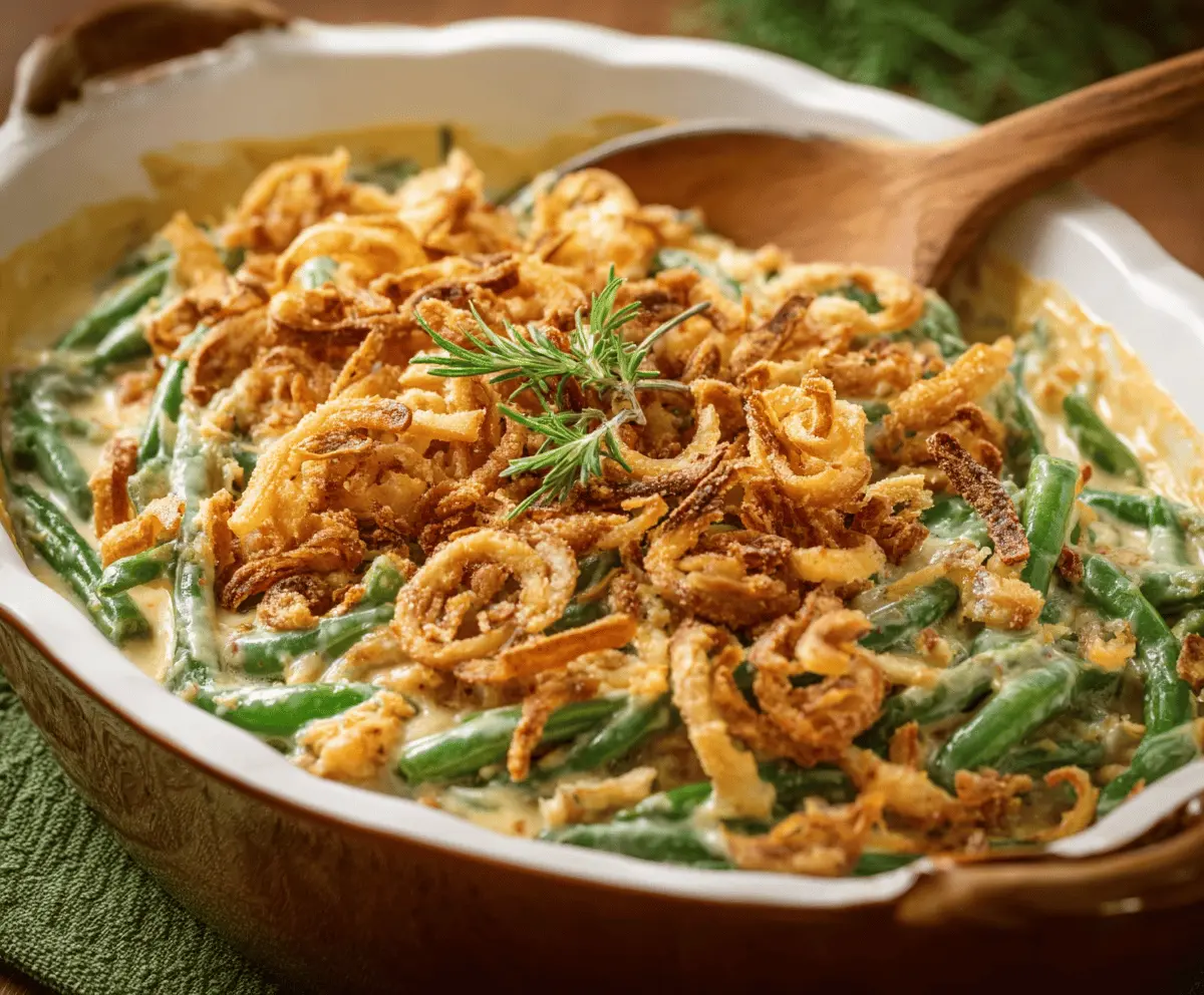 Delicious homemade green bean casserole topped with crispy fried onions, served in a white baking dish for a classic holiday side dish.