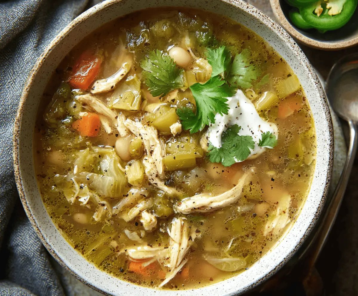 Hearty green chile chicken soup in a bowl topped with fresh cilantro and melted cheese, served with a side of tortilla chips.