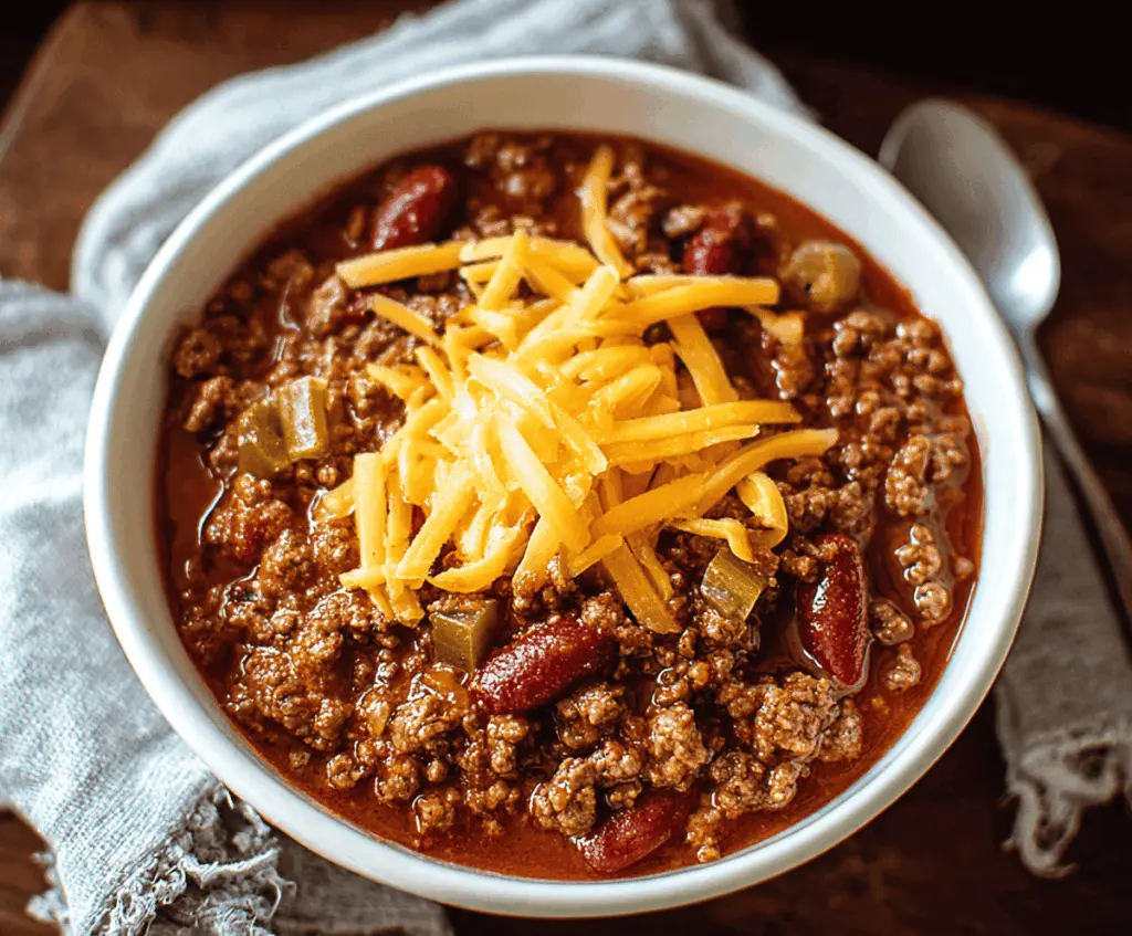 Hearty ground beef chili served in a bowl with toppings and fresh herbs, perfect for a comforting meal