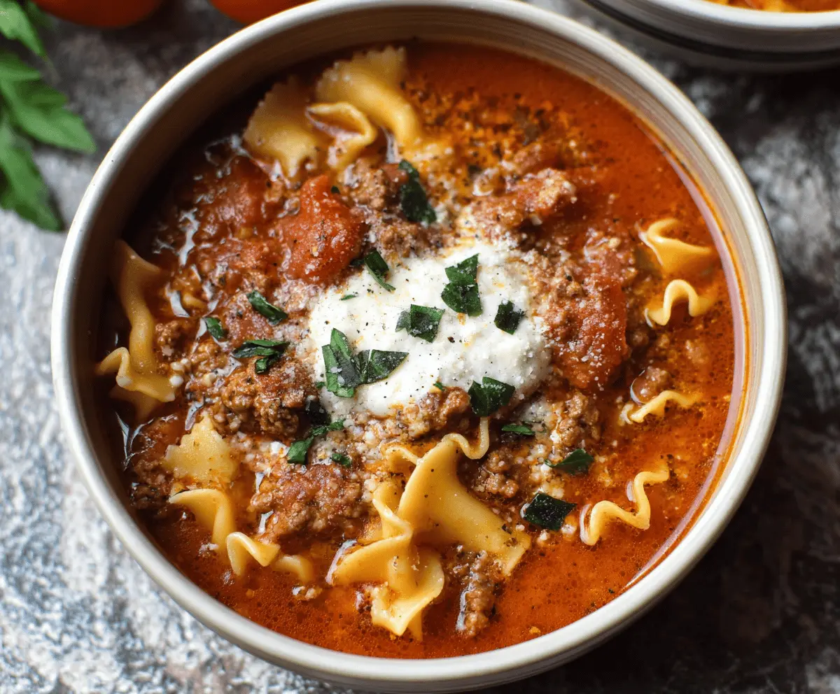 Hearty Ground Beef Lasagna Soup in a bowl topped with melted cheese and fresh basil leaves, perfect for a comforting meal.