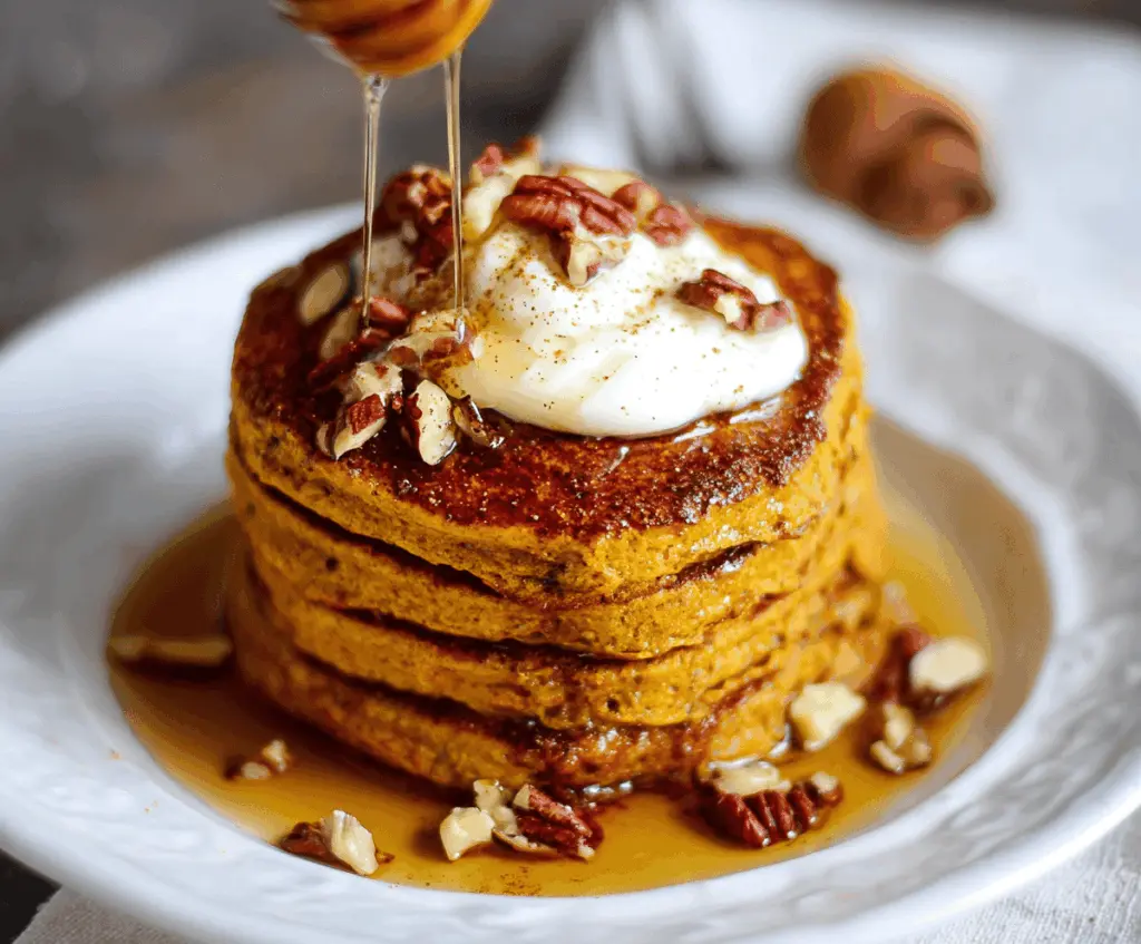 Delicious healthy pumpkin pancakes topped with fresh berries and maple syrup on a rustic plate, perfect for a nutritious breakfast