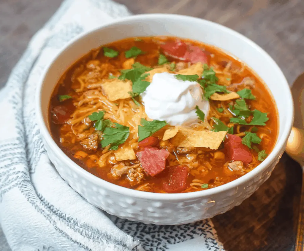 Delicious Instant Pot Loaded Taco Soup with ground beef, beans, corn, and melted cheese in a bowl