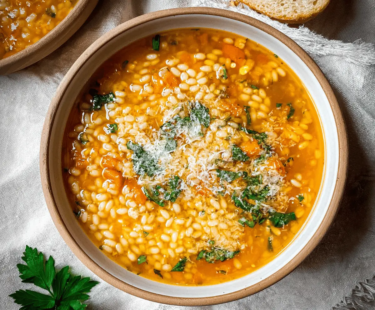 A bowl of warm Italian Pastina Soup with tiny pasta, fresh herbs, and grated cheese, served in a rustic bowl on a wooden table.