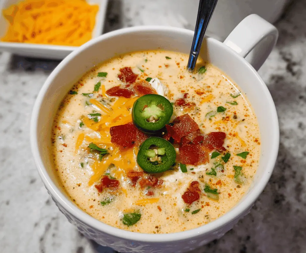 Creamy Jalapeno Popper Soup garnished with shredded cheese and chopped green onions, featuring jalapenos and bacon pieces for a spicy, cheesy appetizer.