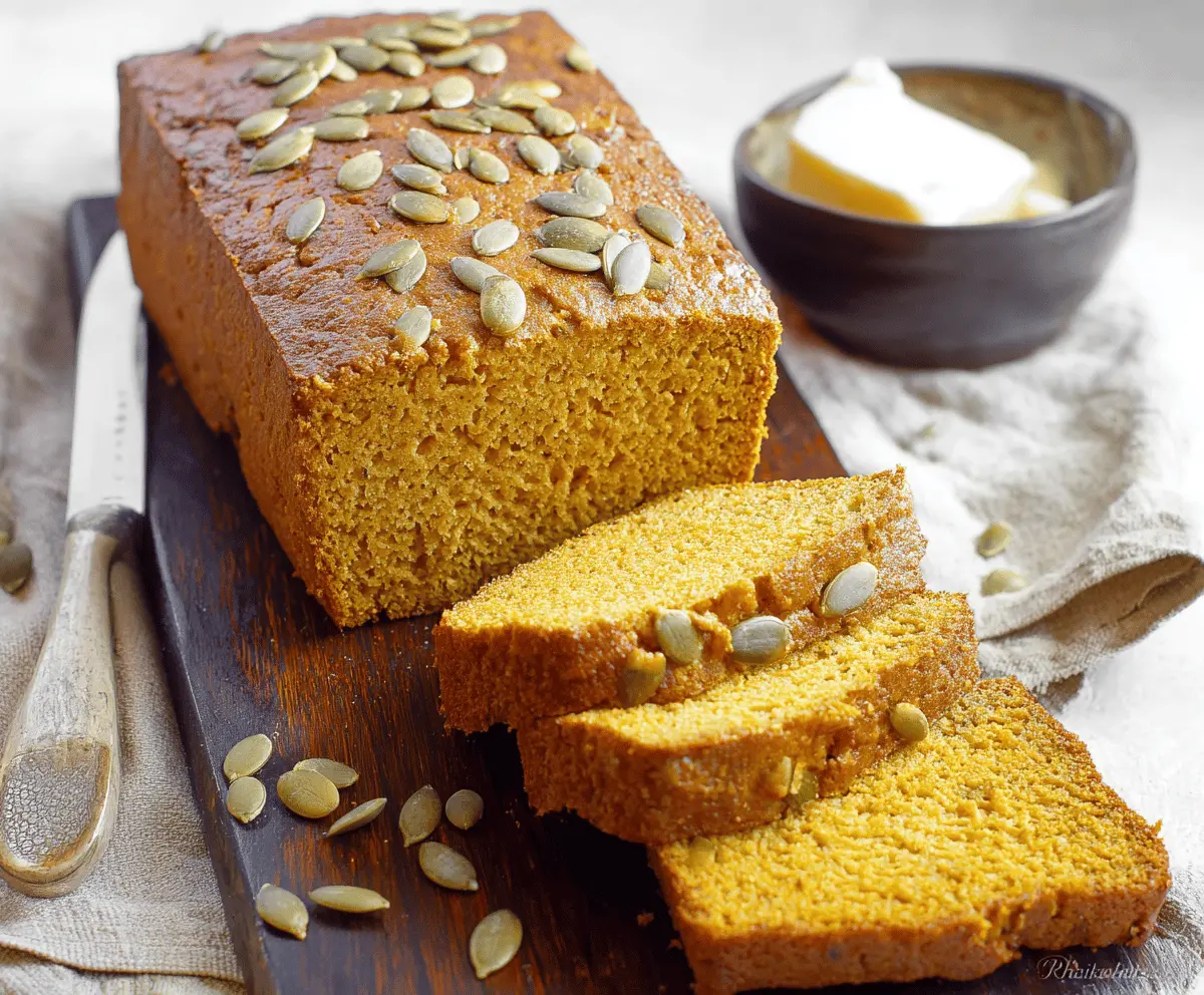 Delicious homemade keto pumpkin bread sliced and ready to serve, featuring moist texture and warm autumn spices.