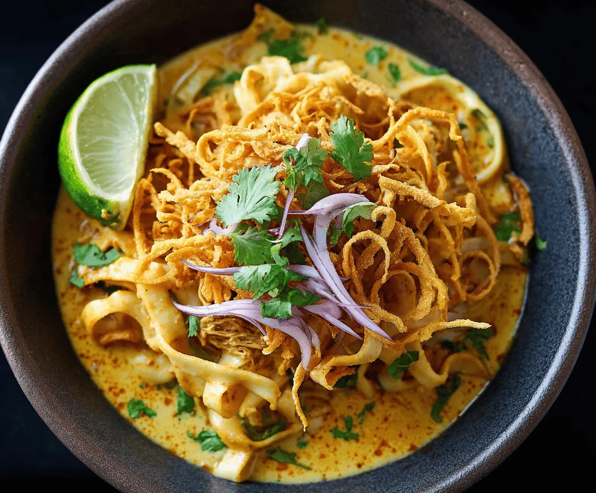 A steaming bowl of Khao Soi with rich coconut curry broth, topped with crispy fried noodles, lime wedges, pickled mustard greens, and fresh herbs, served in a traditional Thai bowl.