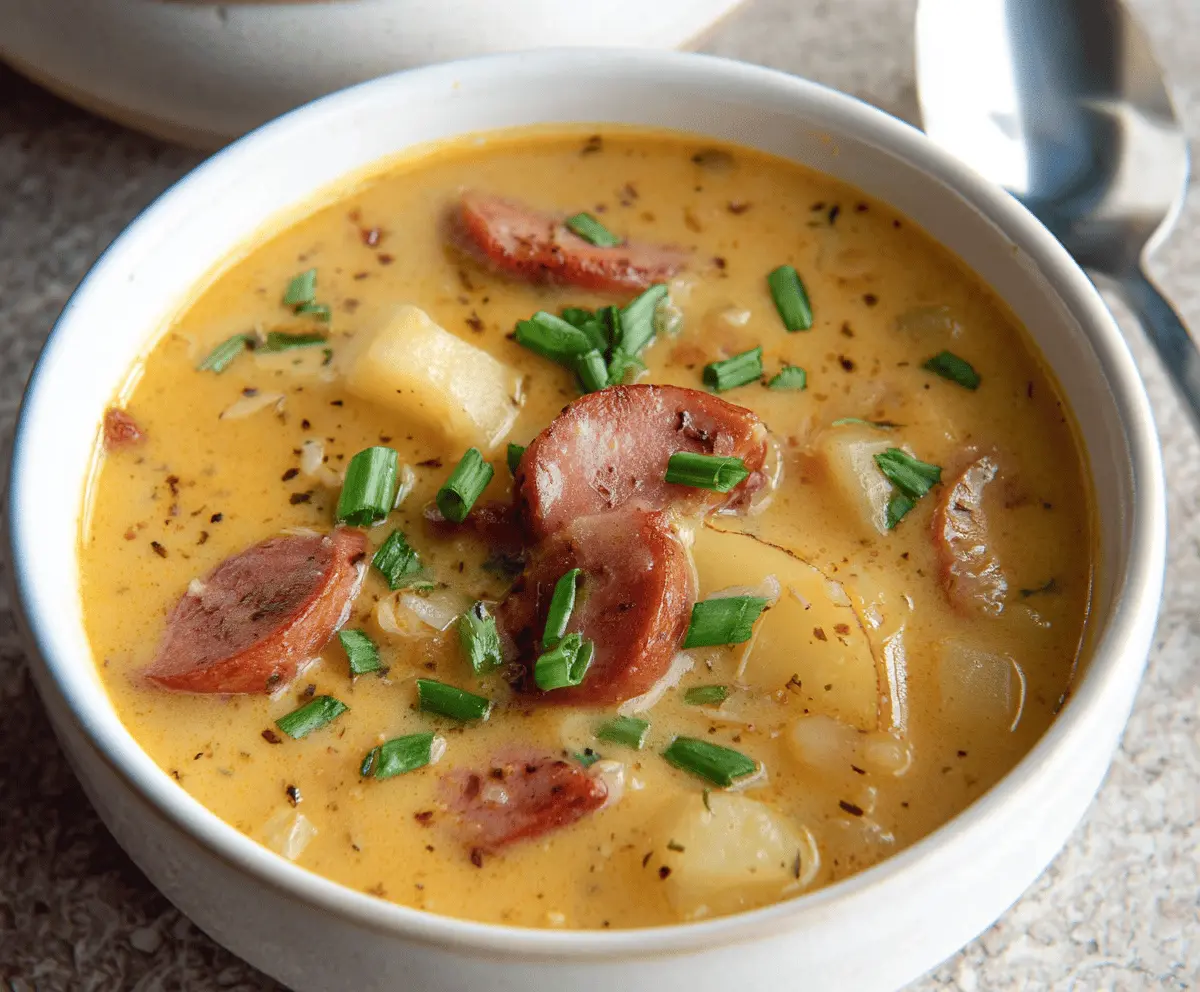Creamy kielbasa potato soup in a bowl topped with fresh herbs, perfect for a hearty and comforting meal.