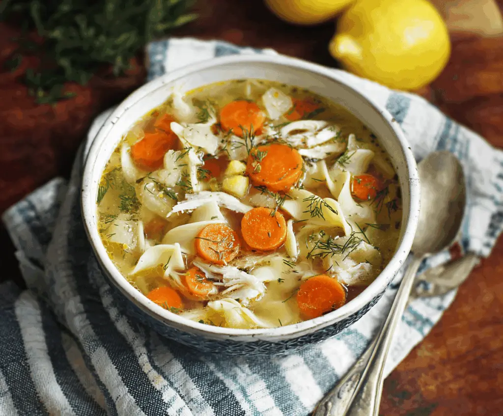 A bowl of Lemon Dill Chicken Noodle Soup garnished with fresh dill and lemon slices, featuring tender chicken, vegetables, and noodles in a flavorful broth.