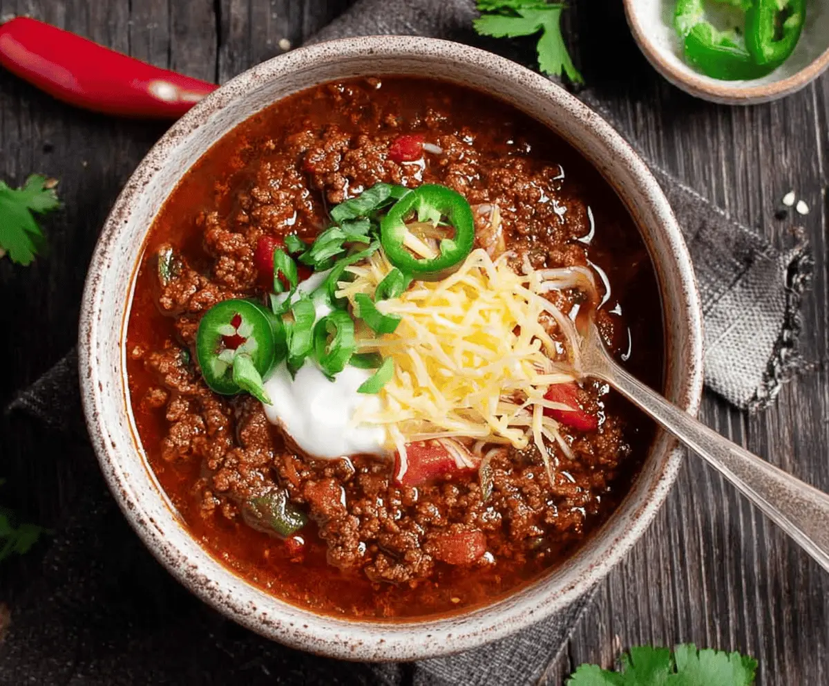 A bowl of spicy low-carb chili topped with shredded cheese and fresh cilantro, served with a side of sliced avocado and lime wedge.