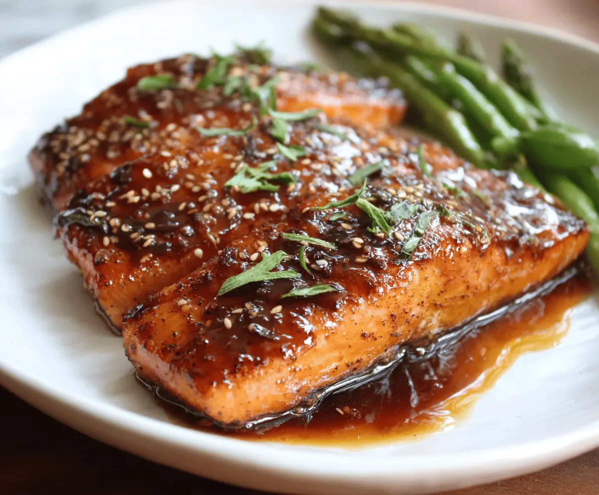 Delicious maple glazed salmon fillet garnished with fresh herbs on a plate, showcasing a shiny caramelized glaze perfect for a healthy dinner