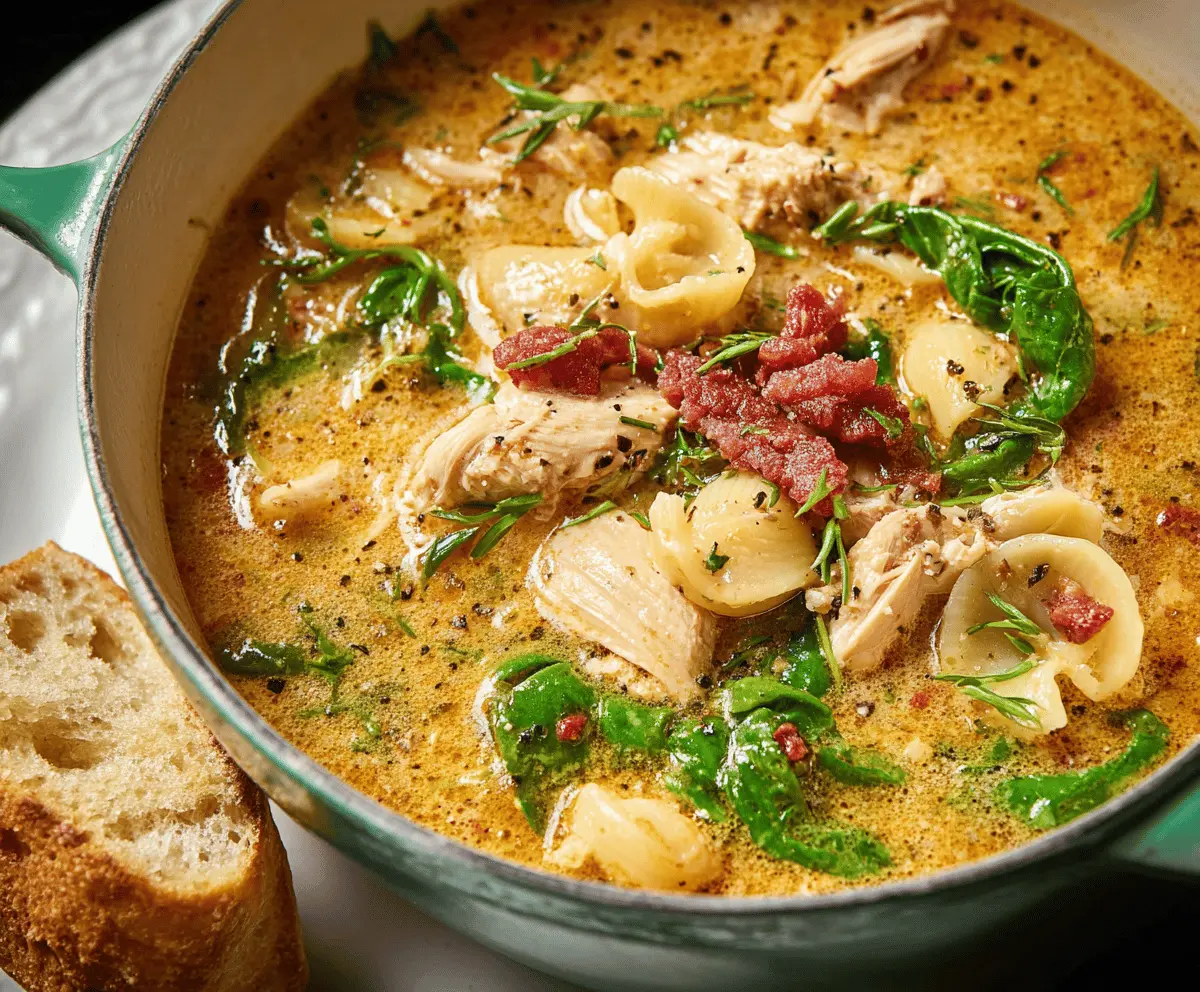 Creamy Marry Me Chicken Soup with tender chicken, fresh herbs, and hearty vegetables in a savory broth