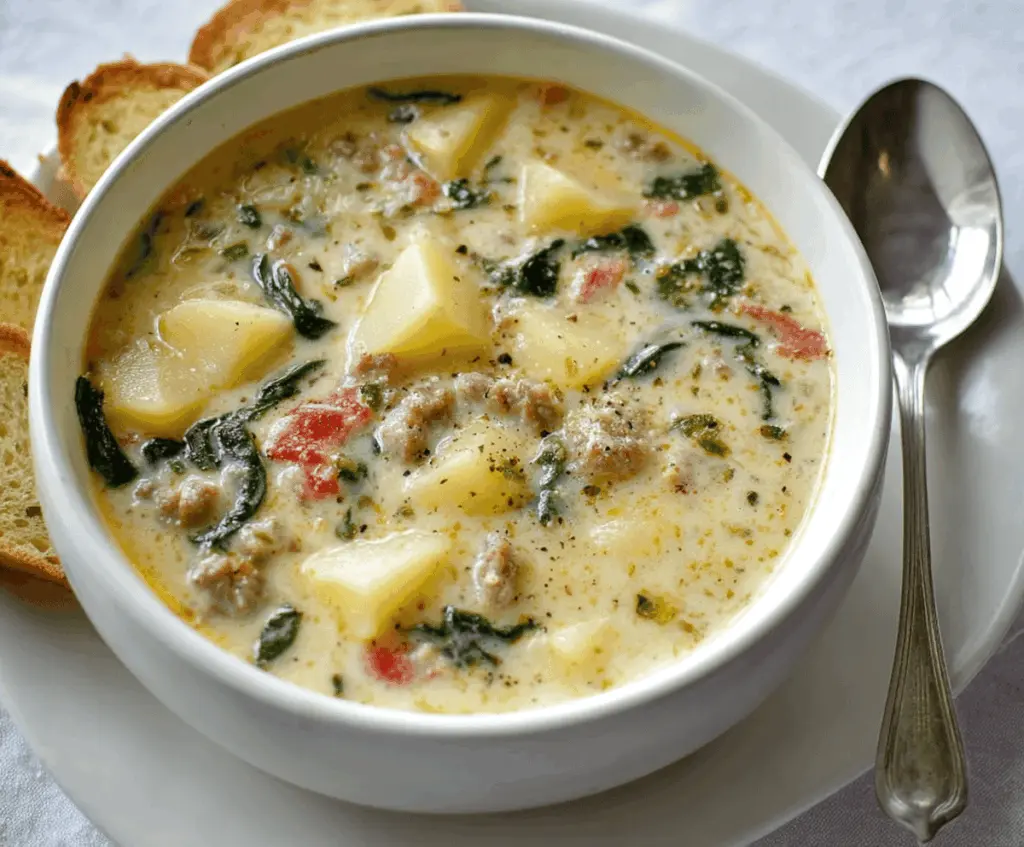 Creamy Olive Garden-style potato soup served in a bowl, topped with fresh herbs and shredded cheese, perfect for a cozy meal.