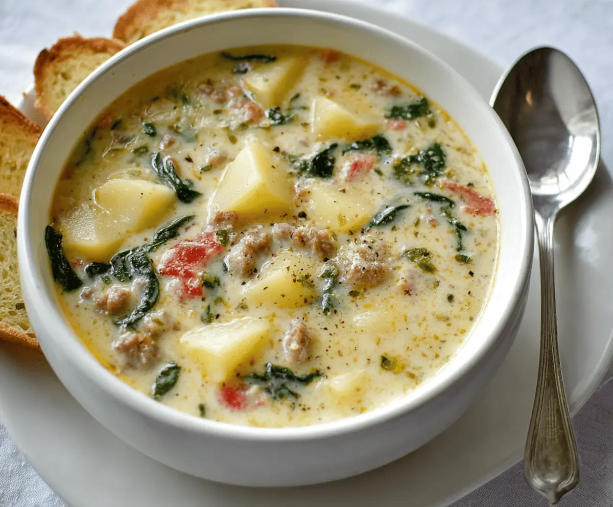 Creamy Olive Garden-style potato soup served in a bowl, topped with fresh herbs and shredded cheese, perfect for a cozy meal.