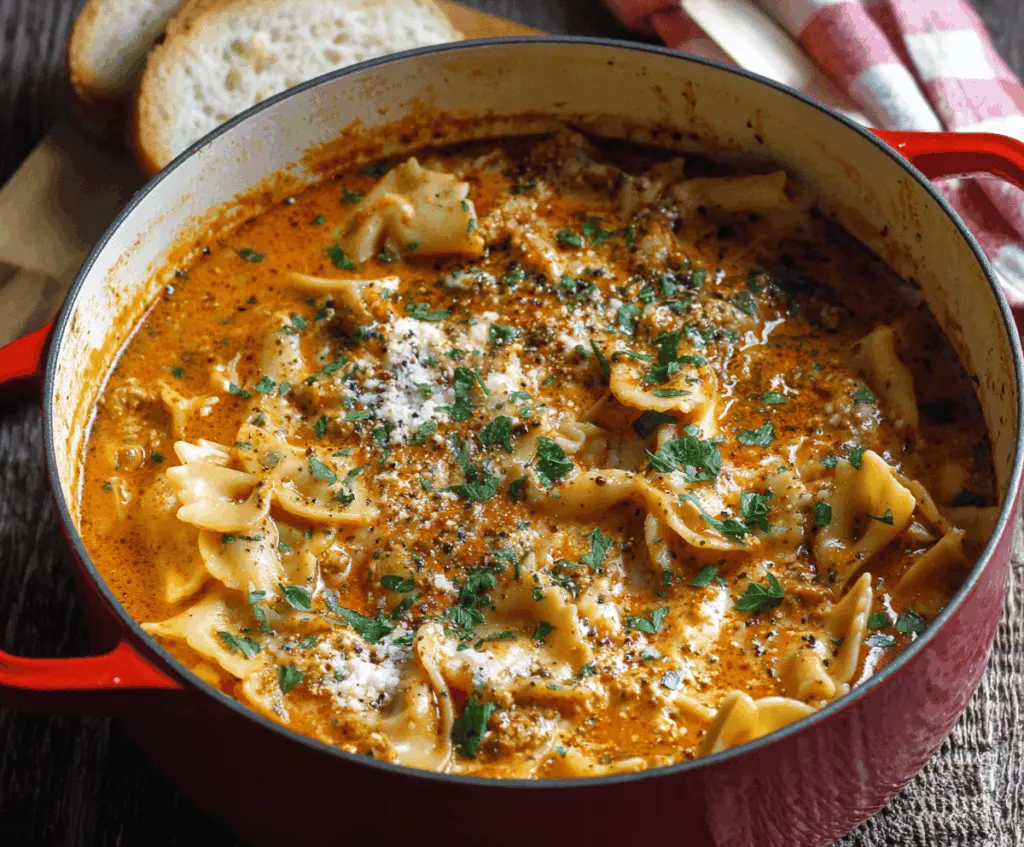 Creamy One-Pot Lasagna Soup in a bowl with melted cheese, fresh herbs, and flavorful ingredients, ready to serve