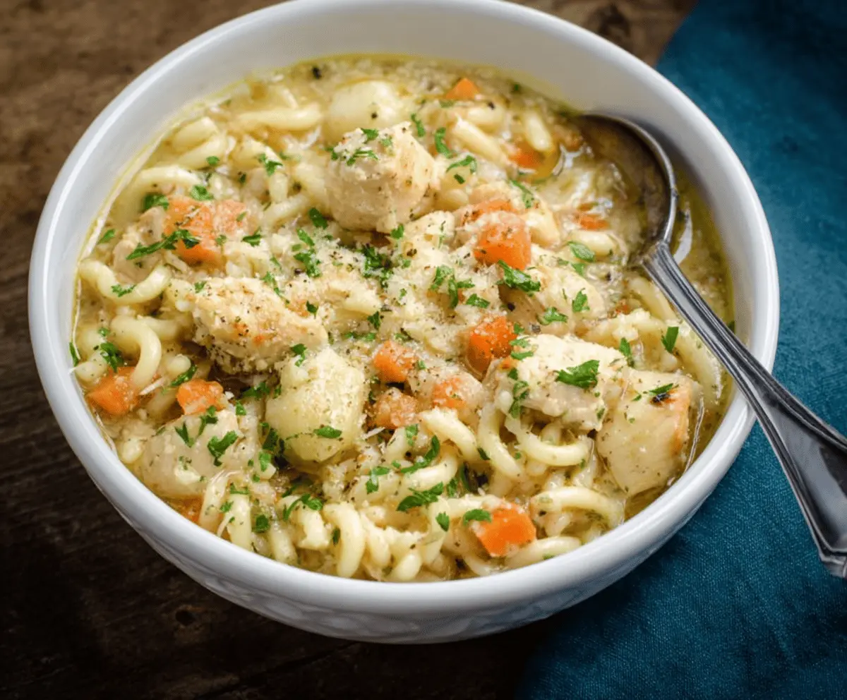 A bowl of creamy Parmesan Chicken Noodle Soup topped with grated cheese and fresh herbs, served with crusty bread on the side.
