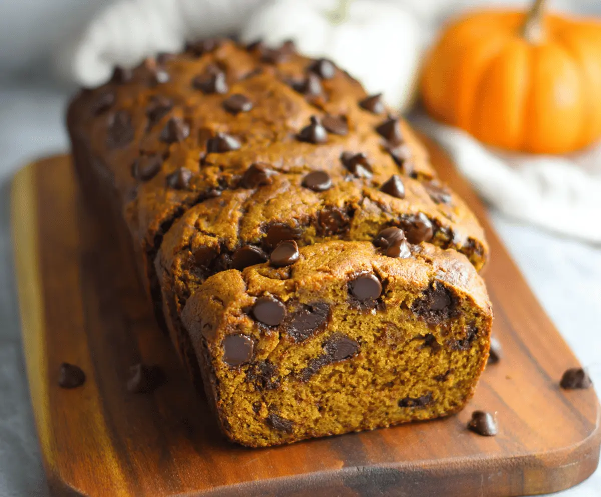 Delicious homemade pumpkin banana chocolate chip bread sliced and ready to enjoy, showcasing a moist texture with chocolate chips and fall-inspired flavors.