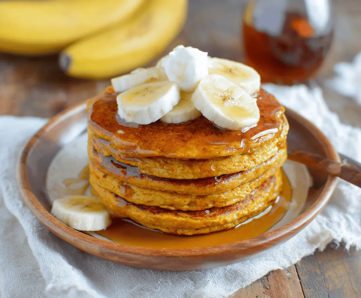Fluffy pumpkin banana pancakes topped with maple syrup and fresh fruit on a plate, perfect for a cozy breakfast