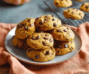 Delicious homemade pumpkin chocolate chip cookies on a baking sheet, featuring soft, moist pumpkin cookie dough filled with melty chocolate chips and topped with a sprinkle of cinnamon.