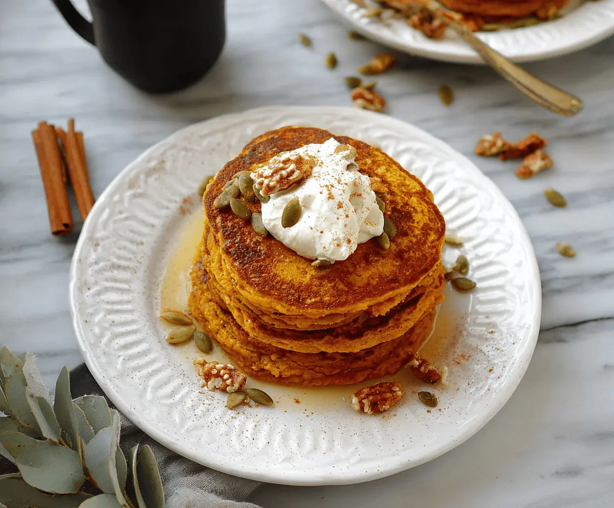 Delicious pumpkin cottage cheese pancakes topped with warm spices and syrup, perfect for a cozy breakfast
