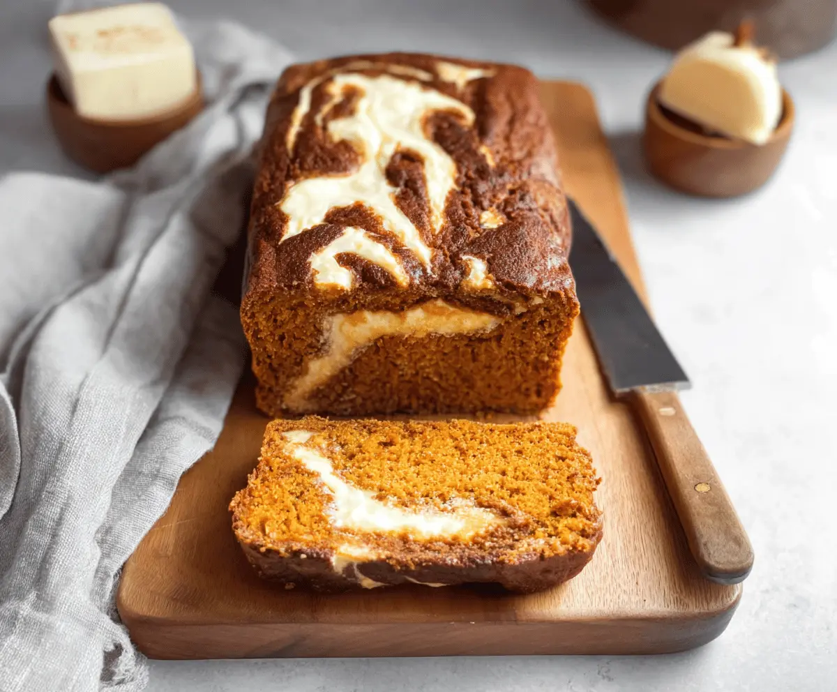 Delicious freshly baked Pumpkin Cream Cheese Bread topped with cinnamon and powdered sugar, perfect for fall treats.