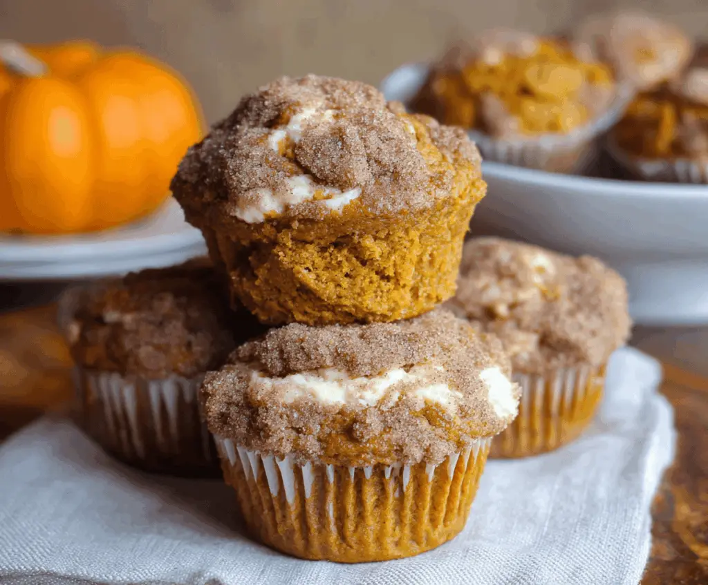 Freshly baked pumpkin cream cheese filled muffins with golden tops and a hint of cinnamon, perfect for fall baking.