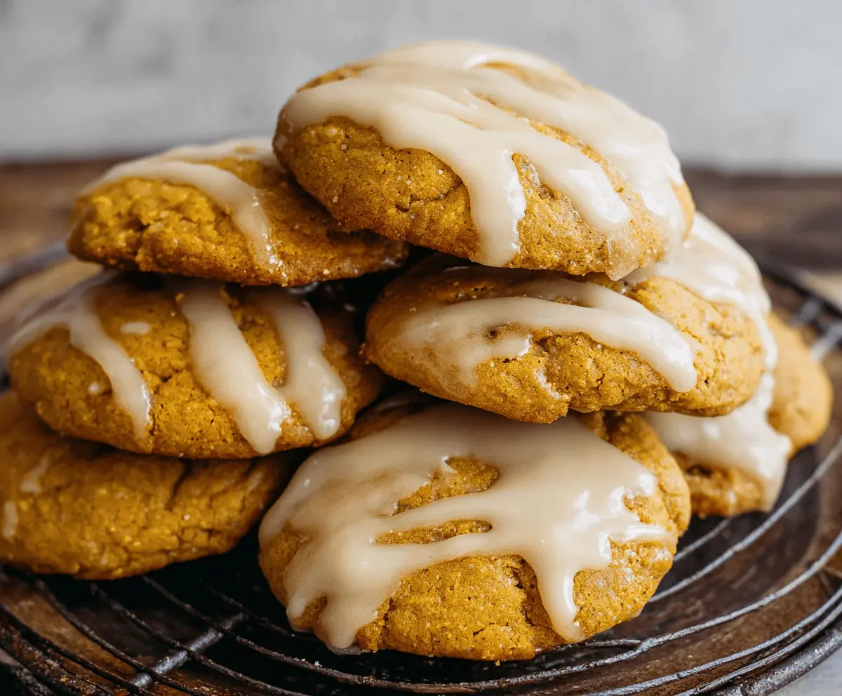 Delicious homemade pumpkin glazed cookies with a shiny orange glaze and festive fall decoration, perfect for autumn treats and holiday celebrations.