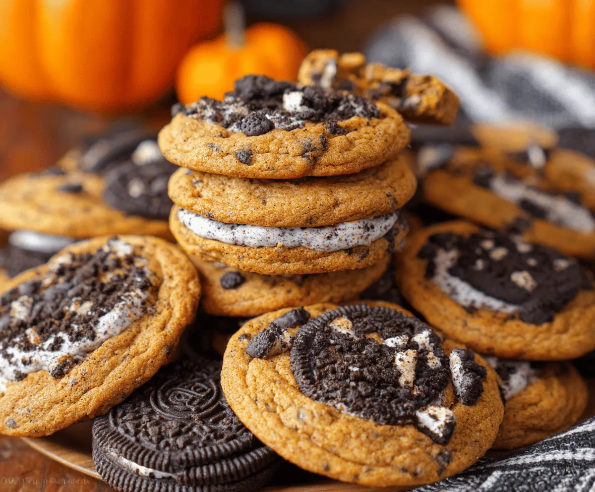 Delicious homemade Pumpkin Oreo Cookies with creamy pumpkin filling and crunchy Oreo cookie layers, perfect for fall desserts