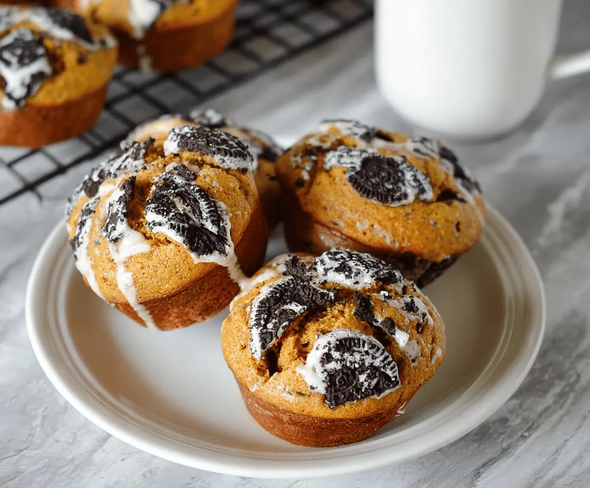 Delicious homemade Pumpkin Oreo Muffins with creamy frosting and crunchy Oreo cookie topping, perfect for fall baking.