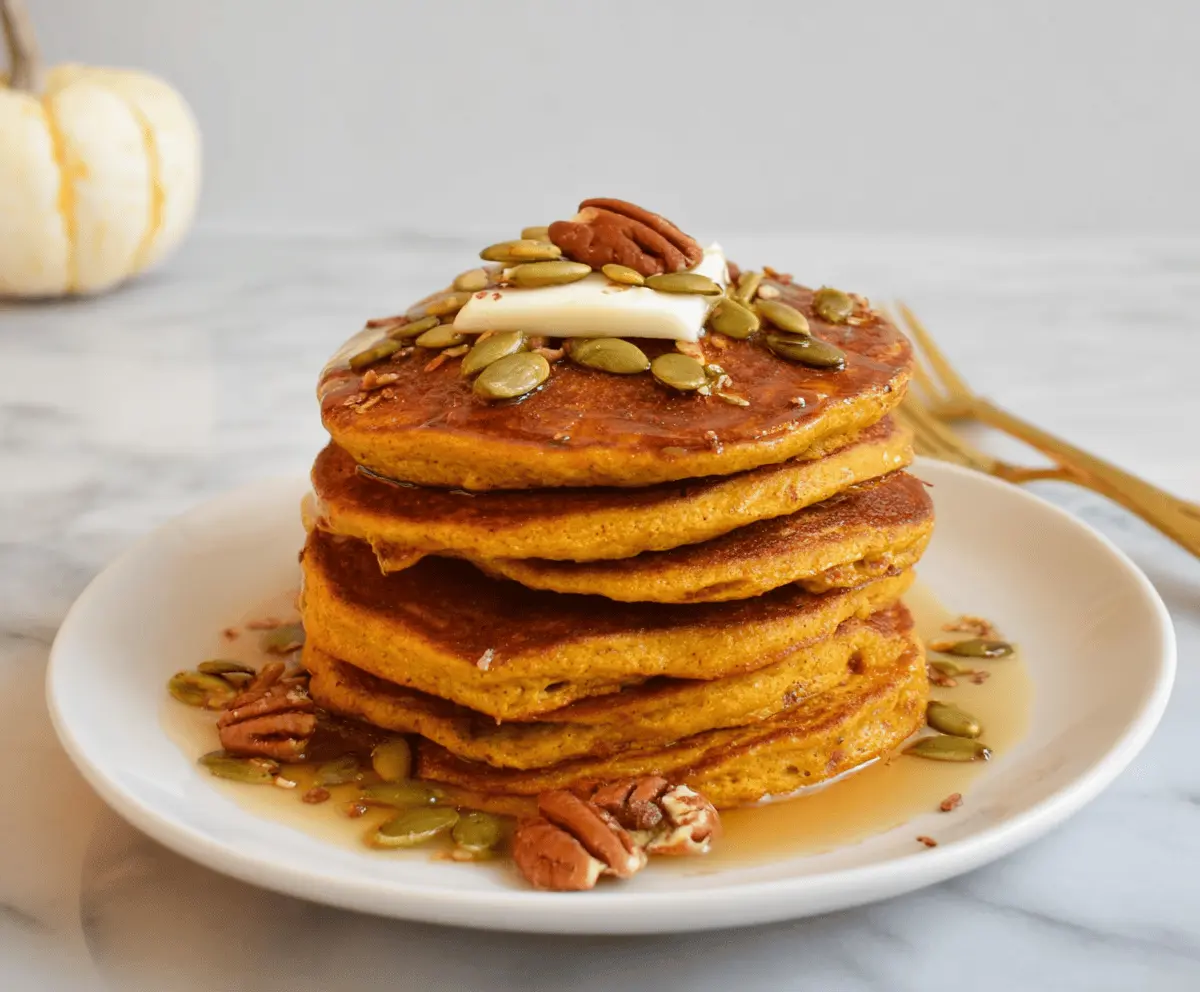 Delicious homemade pumpkin protein pancakes topped with fresh berries and maple syrup, perfect for a healthy breakfast.