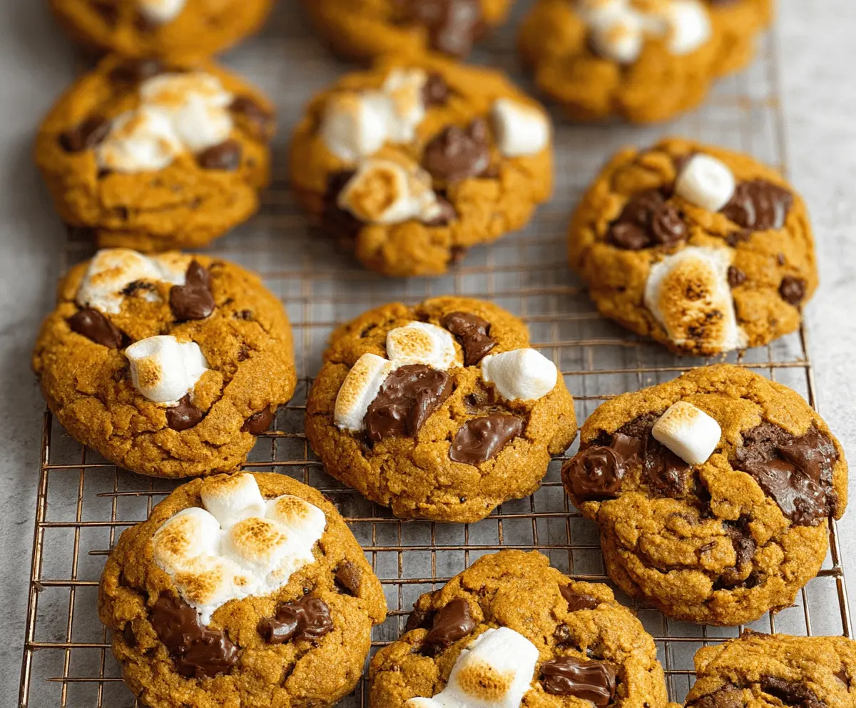 Delicious Pumpkin S'mores Cookies with marshmallows, chocolate, and pumpkin puree on a rustic wooden surface