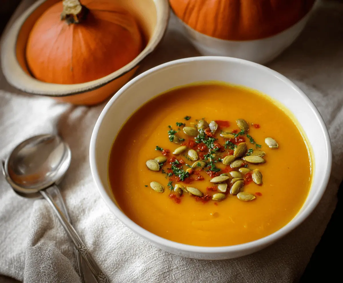 A steaming bowl of creamy pumpkin soup garnished with fresh herbs, served with bread on a rustic wooden table—perfect for fall comfort.
