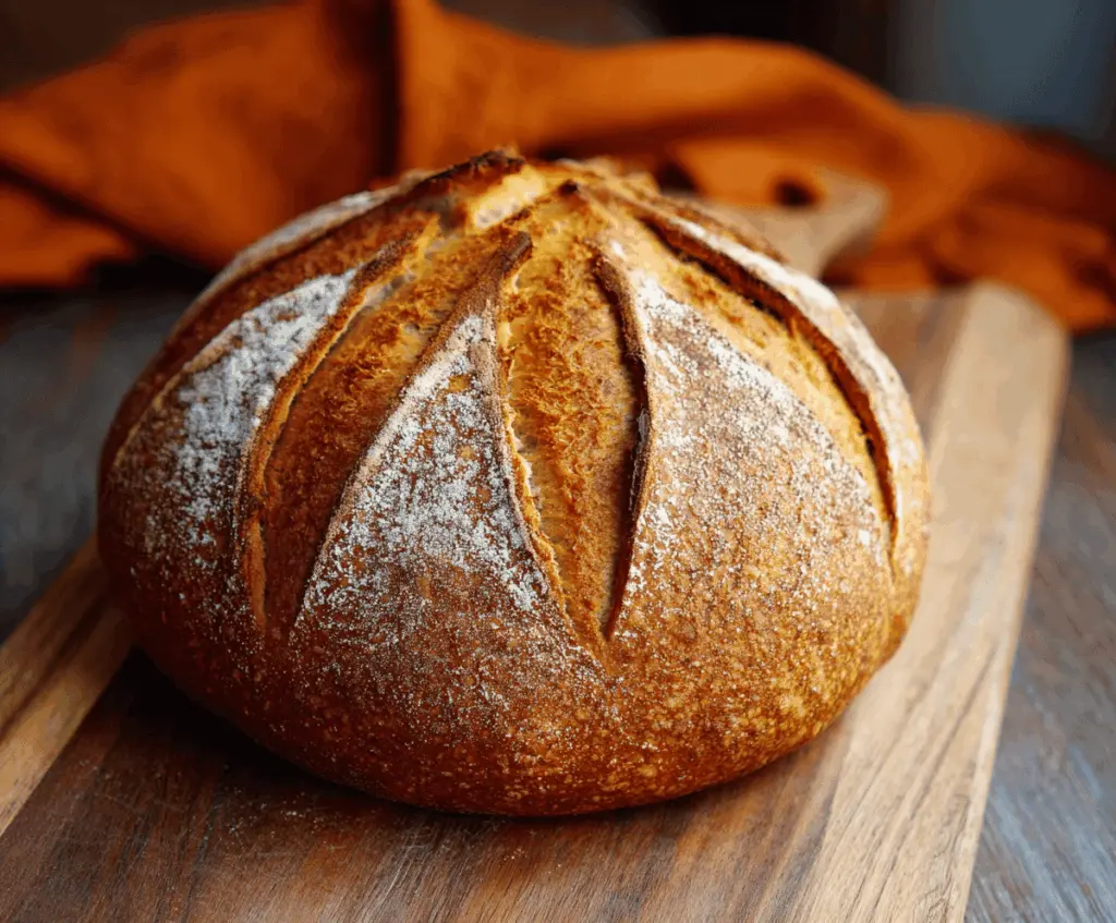 Freshly baked pumpkin sourdough bread with a golden crust and a soft, moist interior, perfect for fall-themed baking.