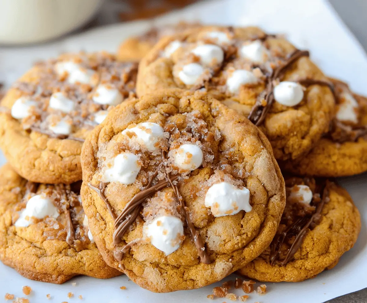 Delicious Pumpkin Toffee Cookies with golden edges, featuring pumpkin puree and toffee bits topped with a sprinkle of cinnamon on a baking sheet.