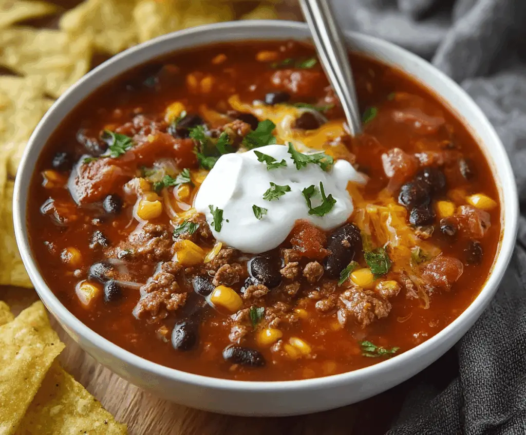 Creamy Ranch Taco Soup in a bowl topped with shredded cheese, fresh cilantro, and tortilla chips, perfect for a hearty, flavorful meal.