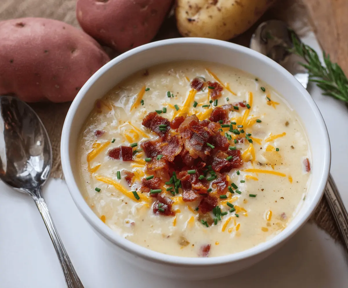 Creamy red potato soup topped with fresh herbs in a rustic bowl, perfect for a comforting homemade meal.