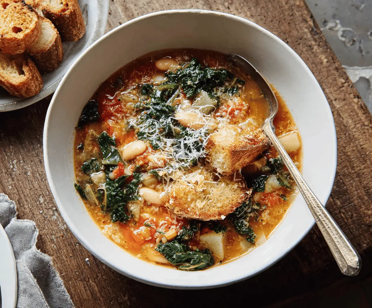 A steaming bowl of traditional Ribollita vegetable and bread soup garnished with fresh herbs, showcasing hearty Tuscan flavors.
