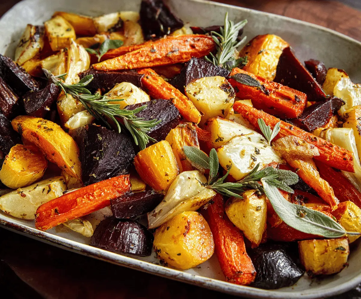 Colorful roasted root vegetables on a baking sheet, including carrots, parsnips, and sweet potatoes, seasoned and ready to serve