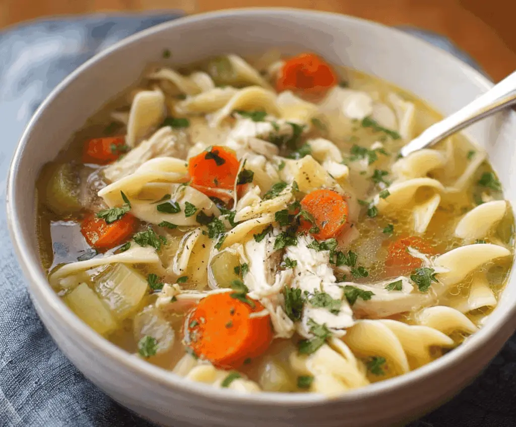 Hearty slow cooker chicken noodle soup in a bowl with vegetables and shredded chicken, perfect for a comforting meal