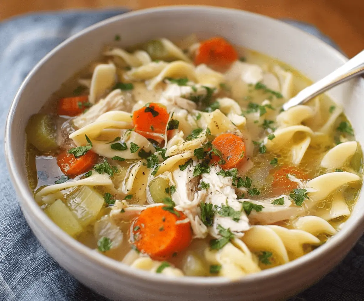 Hearty slow cooker chicken noodle soup in a bowl with vegetables and shredded chicken, perfect for a comforting meal