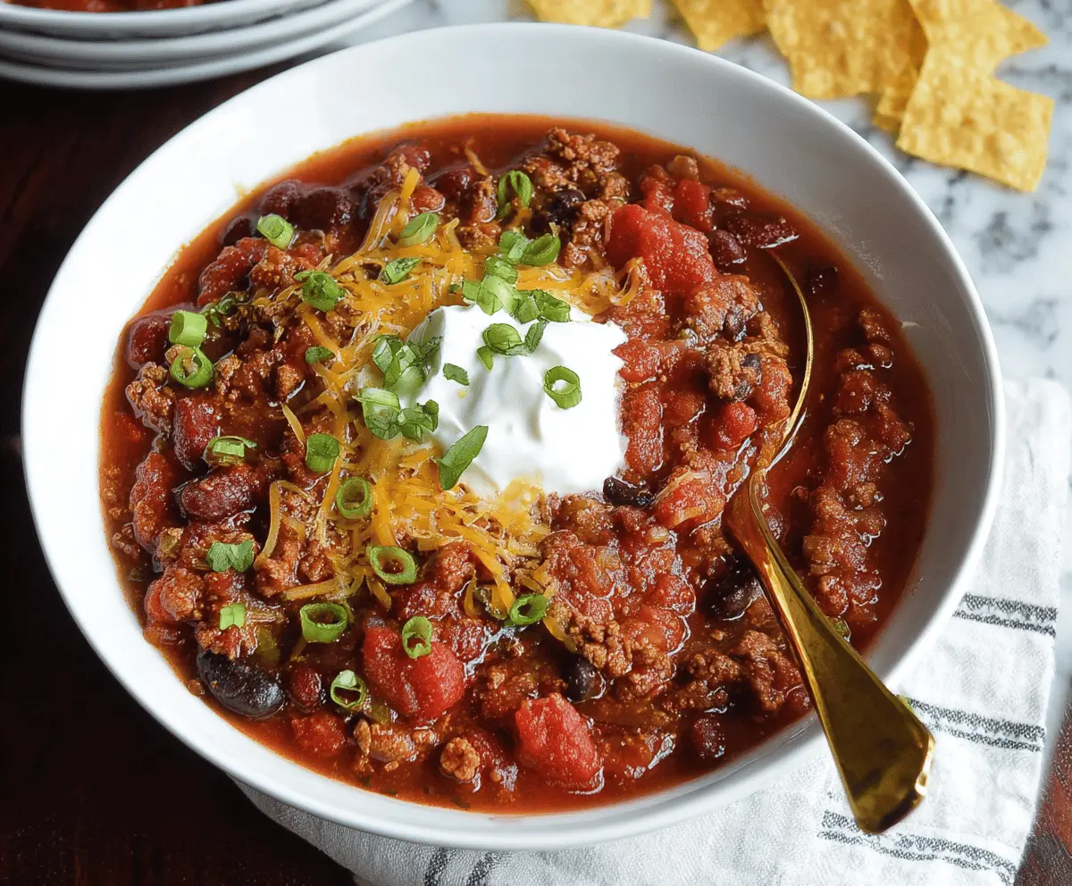 Delicious homemade slow cooker chili topped with shredded cheese, fresh cilantro, and chopped onions in a cozy bowl