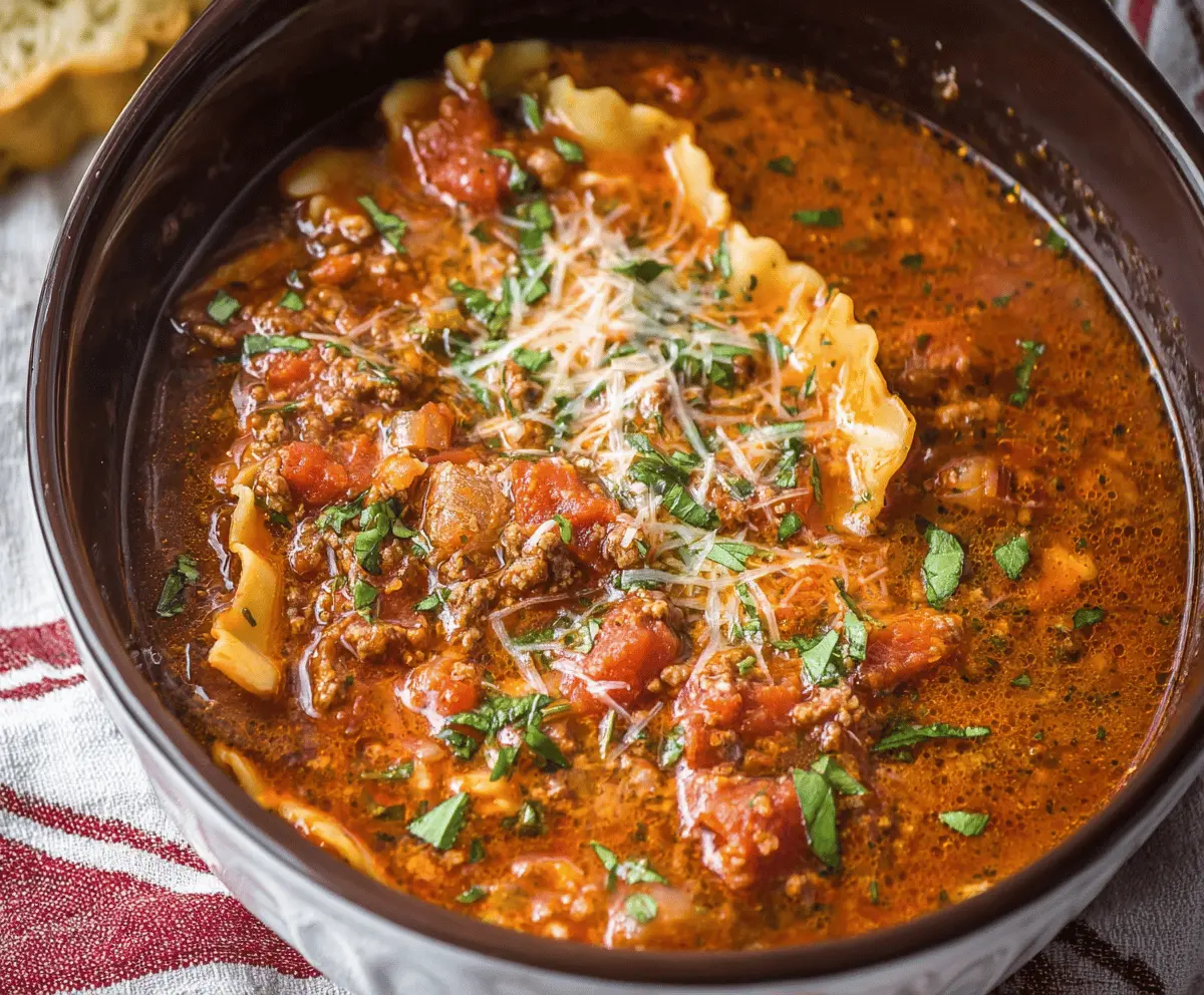 Delicious slow cooker ground beef lasagna soup with layers of seasoned beef, tomato sauce, cheese, and herbs in a comforting bowl