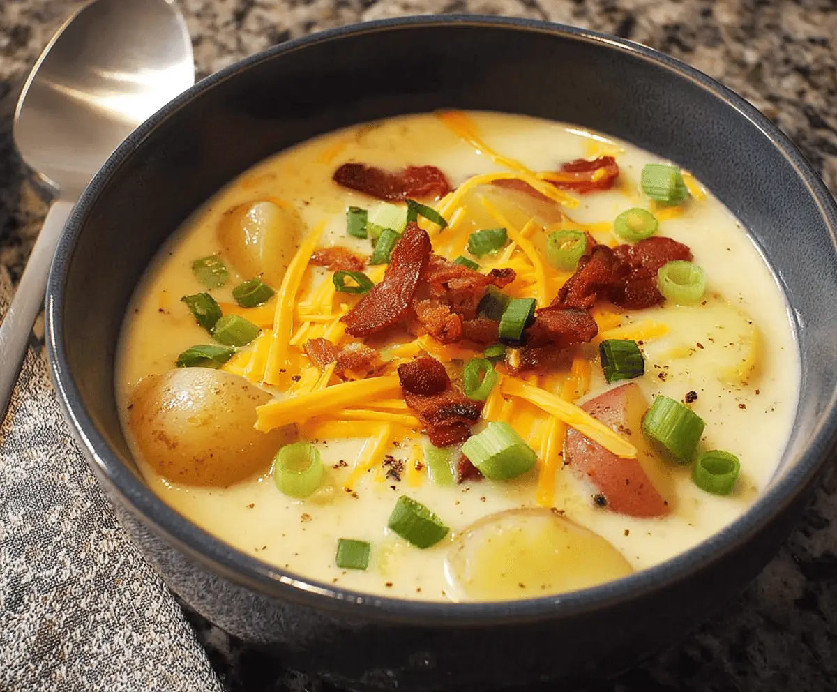 Creamy stovetop potato soup served in a bowl with garnishes, perfect for a comforting homemade meal.